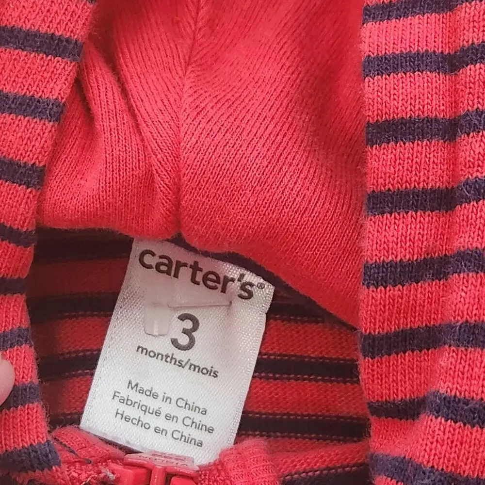 Carter's Red Blue Striped Baby Boys Hooded Jacket with Ears 3 Month